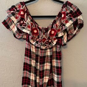 Off-the-shoulder plaid and floral shirt